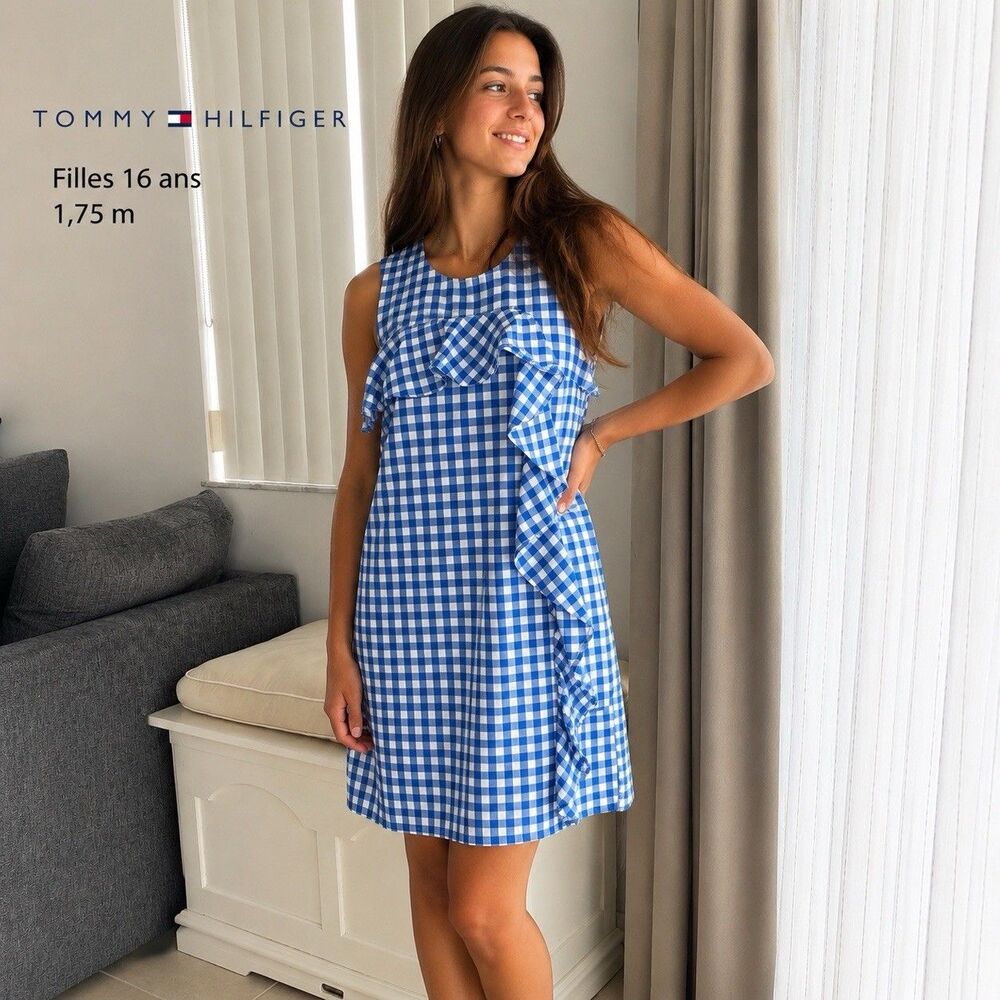 Tommy Hilfiger Blue and White Gingham ruffled lined cotton Dress Sz 16 yo 175cm